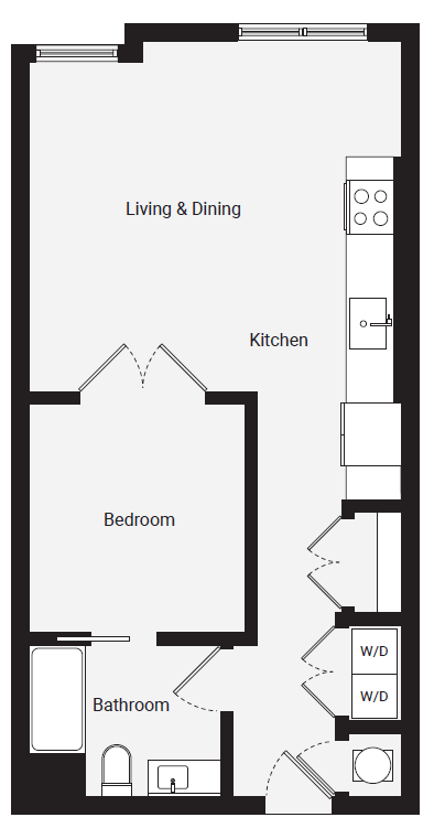 Floor plan for 1 bed, 1 bath, 621 sqft